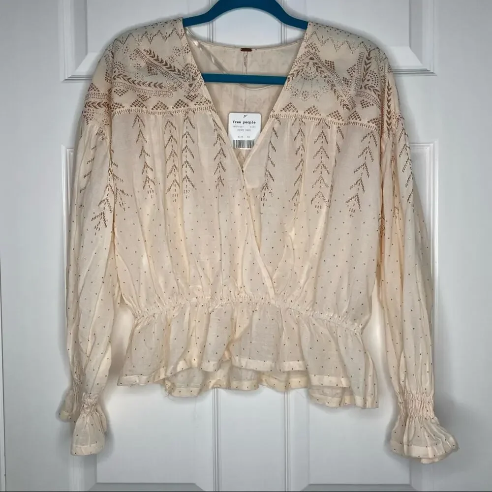 FREE PEOPLE Womens XS 100% Cotton V Neck Peplum Glitter Peasant Poet Blouse